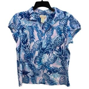 Caribbean Joe Blue Pineapple Print Collared Top Size Large Petite